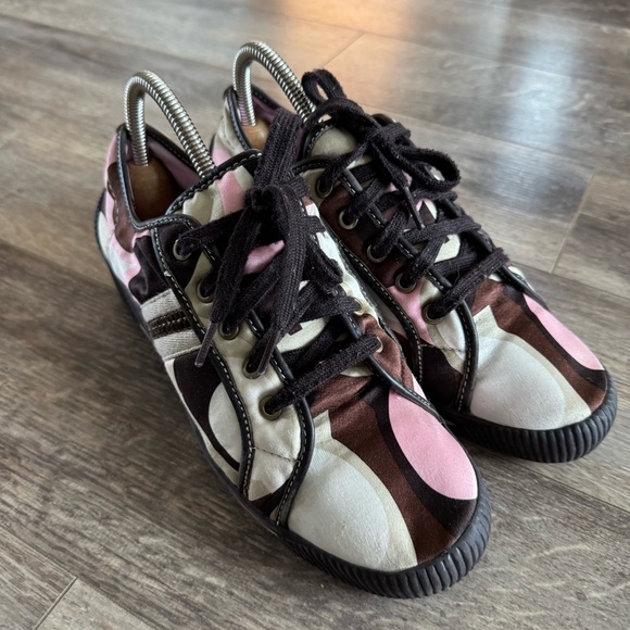 Coach Shoes - Coach Nia Wedge Sneakers with a silk patch logo in brown and pink tones - Y2K